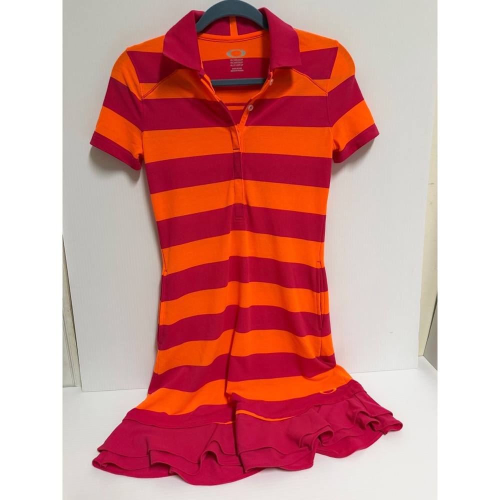 Oakley Womens Striped Golf Dress Orange Pink Ruffle Hem Polo Tennis XS TP